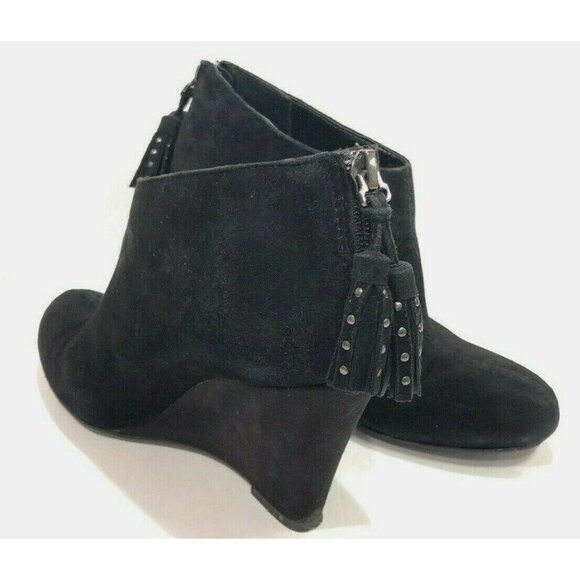 Anne Klein iflex Women Black Suede Leather Wedge Boot Bootie Tassel 6.5M - Picture 1 of 6